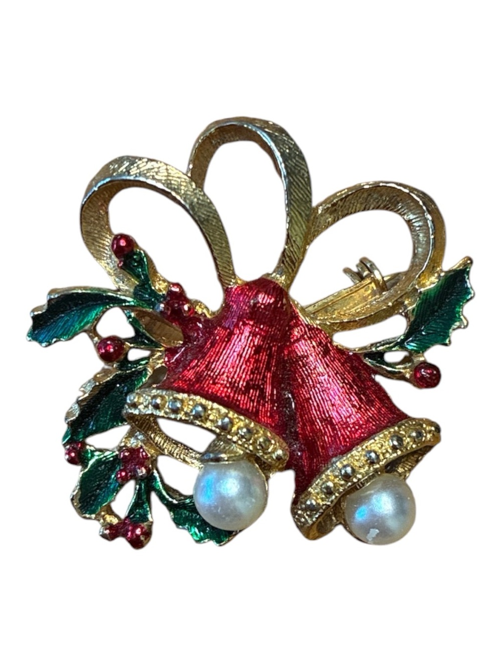 Festive Red Bell Brooch with Pearls and Green Holly